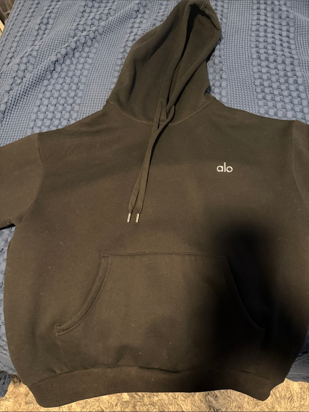 ALO Yoga Men’s Black Crewneck Hoodie with White Logo